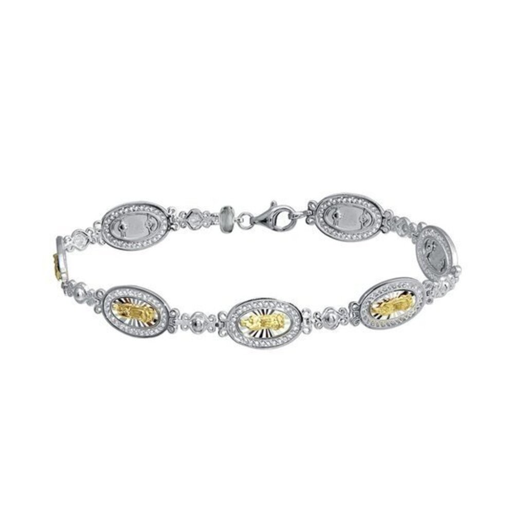 Gold Plated and Sterling Silver Oval Mary Link Tennis Mary Bracelet 7" inches
